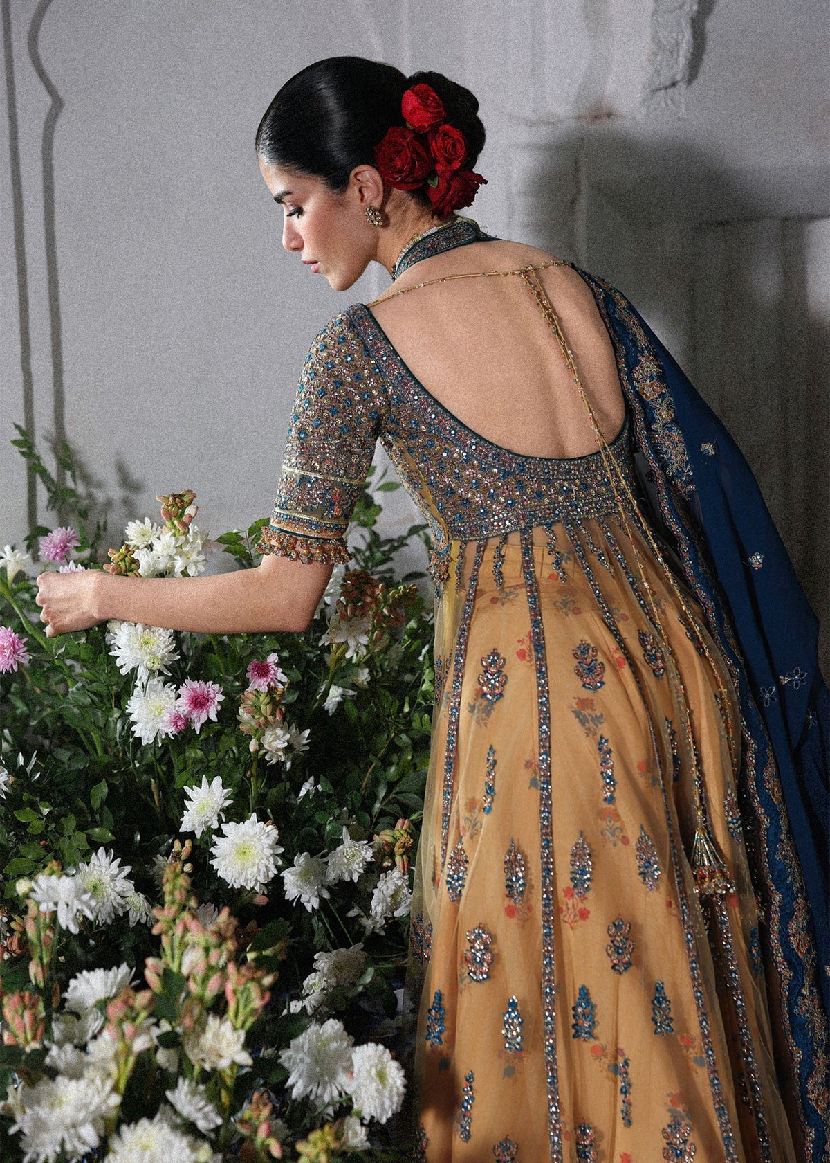 Hussain Rehar Man Jogi | Gold Embroidered Panelled Pishwas & Lehenga Festive Set