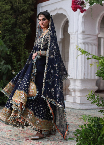 Hussain Rehar Nain Tara | Navy Blue Embroidered Panelled Pishwas & Chooridar Festive Set