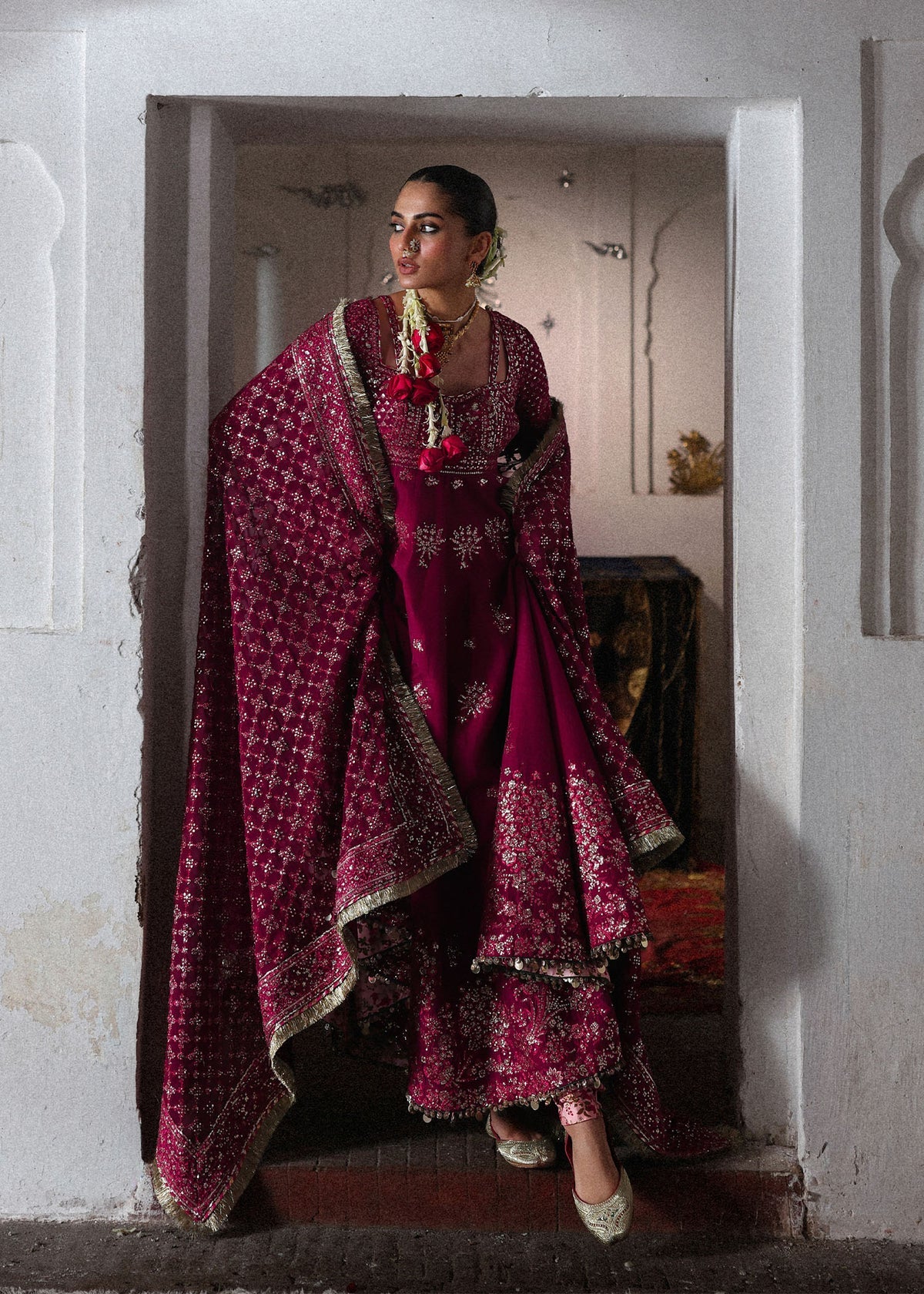 Hussain Rehar Gulpanra | Hot Pink Embroidered Panelled Pishwas & Chooridar Festive Set