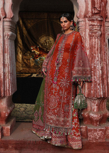 Hussain Rehar Hemali | Rust Embroidered Chiffon Shirt & Sharara Festive Set