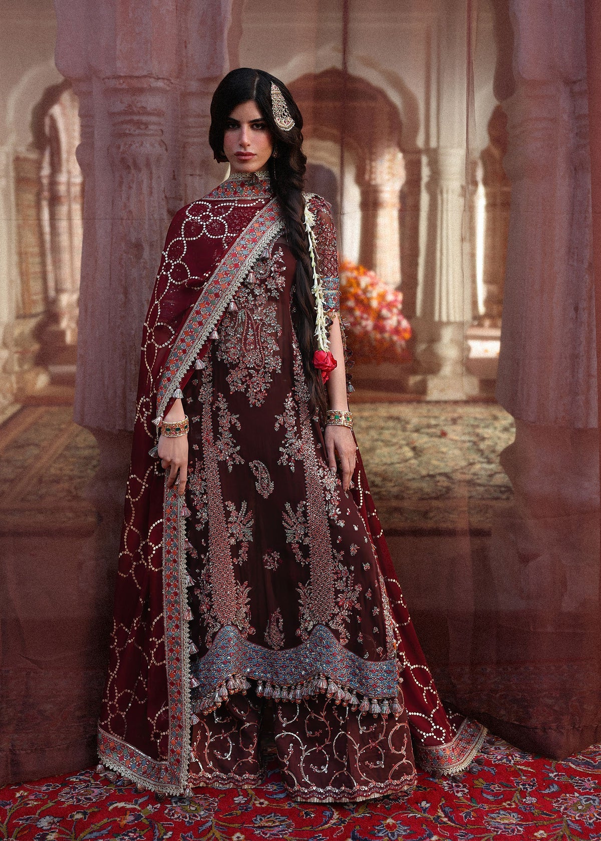 Hussain Rehar Apsara | Brown Embroidered Chiffon Shirt & Trouser Festive Set