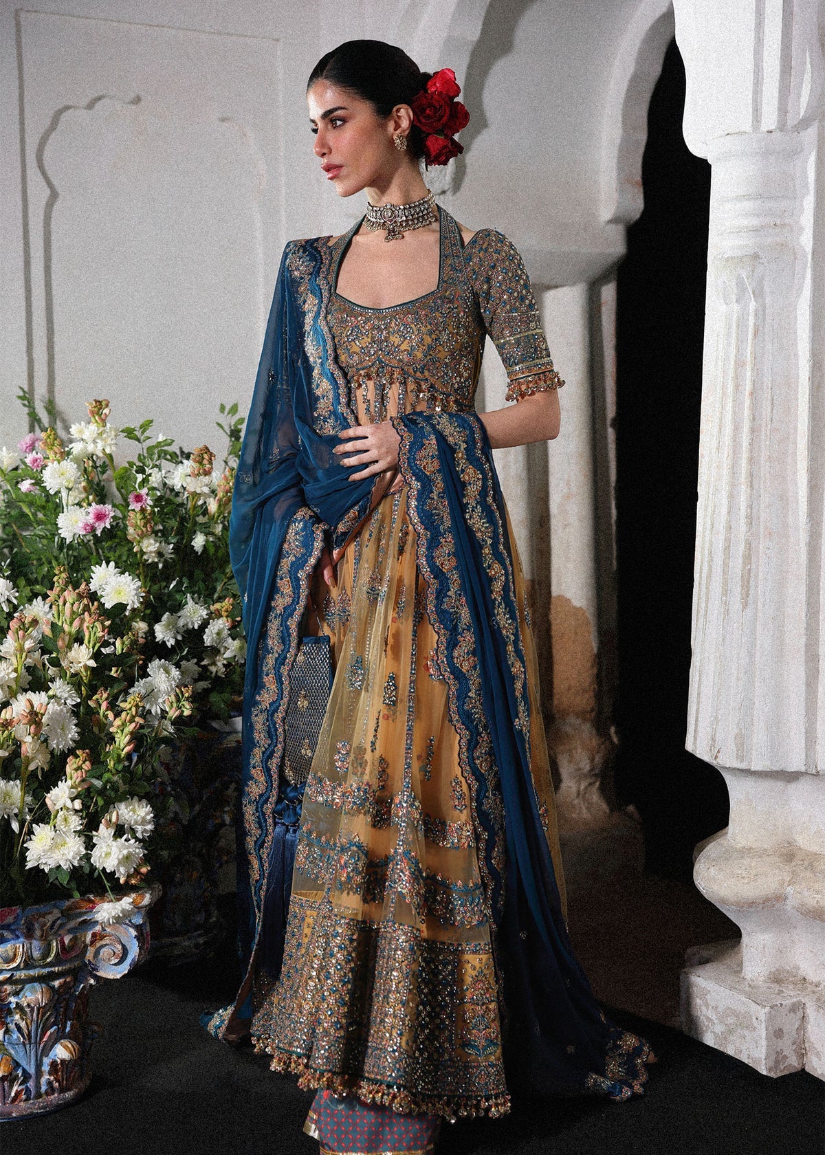 Hussain Rehar Man Jogi | Gold Embroidered Panelled Pishwas & Lehenga Festive Set