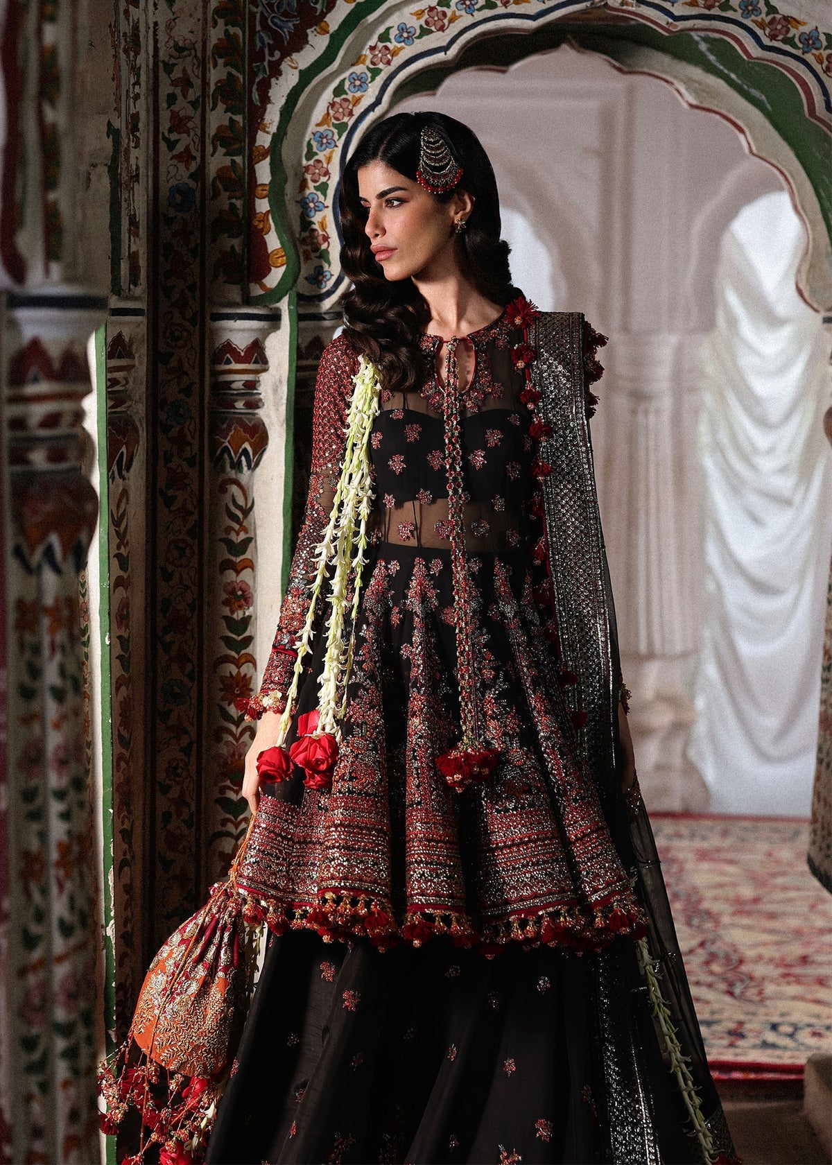 Hussain Rehar Siyara | Black Embroidered Peplum & Sharara Festive Set