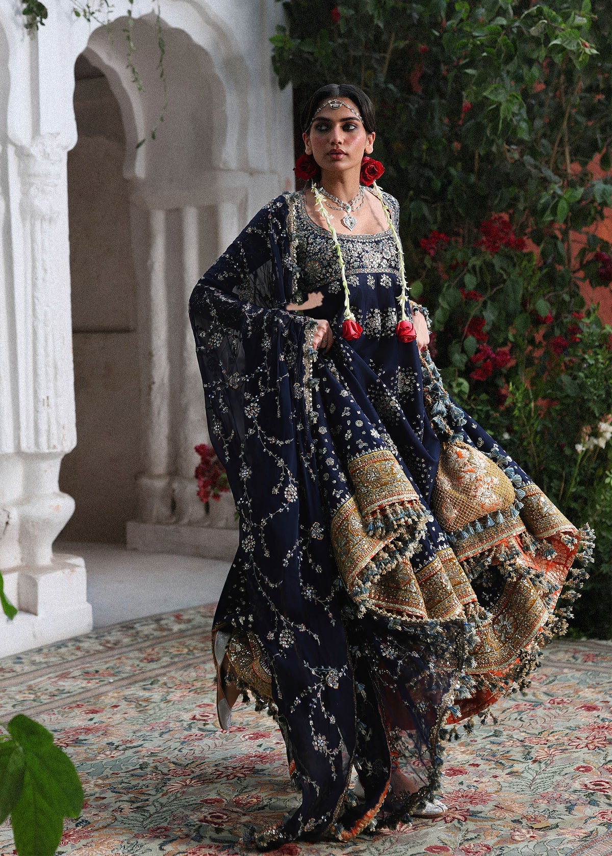 Hussain Rehar Nain Tara | Navy Blue Embroidered Panelled Pishwas & Chooridar Festive Set