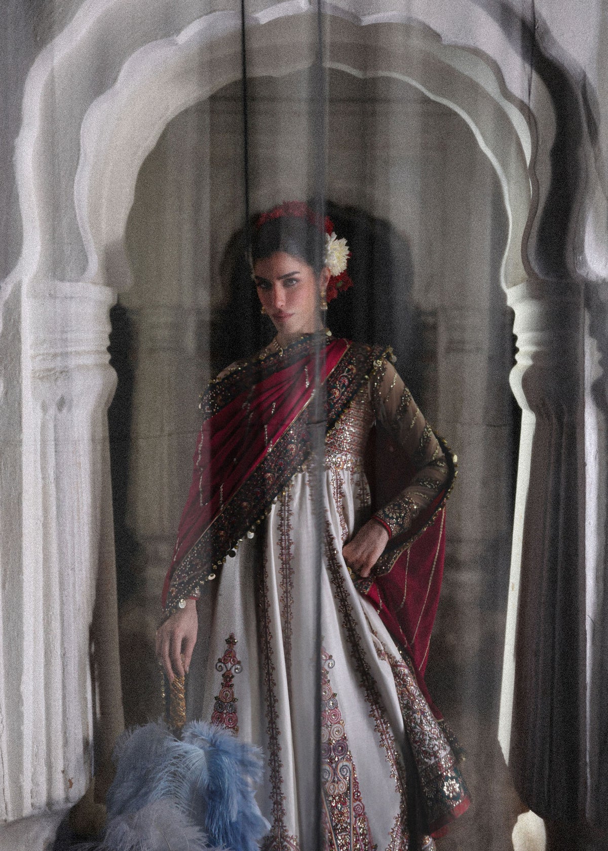 Hussain Rehar Madhu Bala | Ivory Embroidered Panelled Pishwas Festive Set