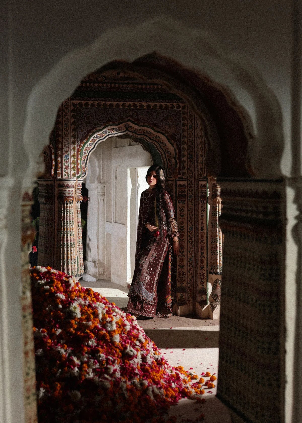 Hussain Rehar Apsara | Brown Embroidered Chiffon Shirt & Trouser Festive Set