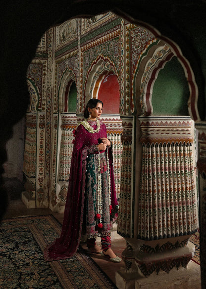 Hussain Rehar Morni | Emerald Green Embroidered Five-Panel Shirt & Chooridar Festive Set