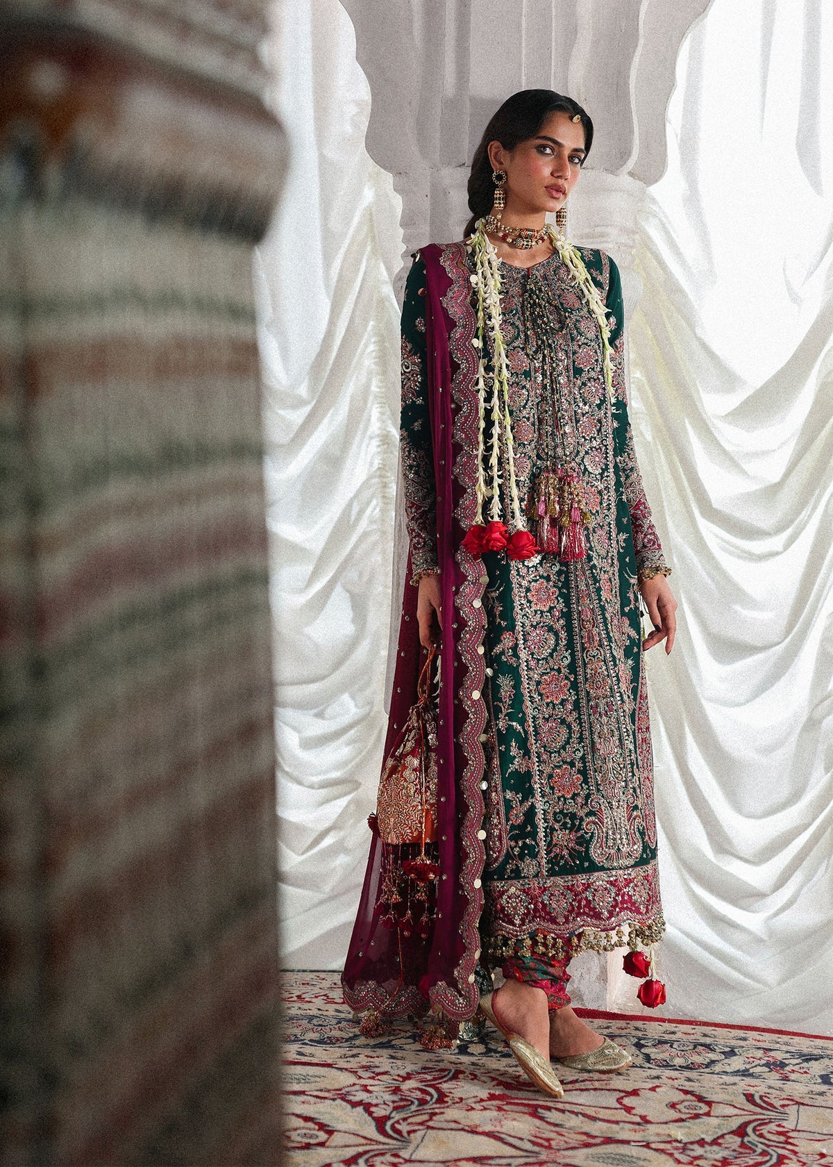 Hussain Rehar Morni | Emerald Green Embroidered Five-Panel Shirt & Chooridar Festive Set