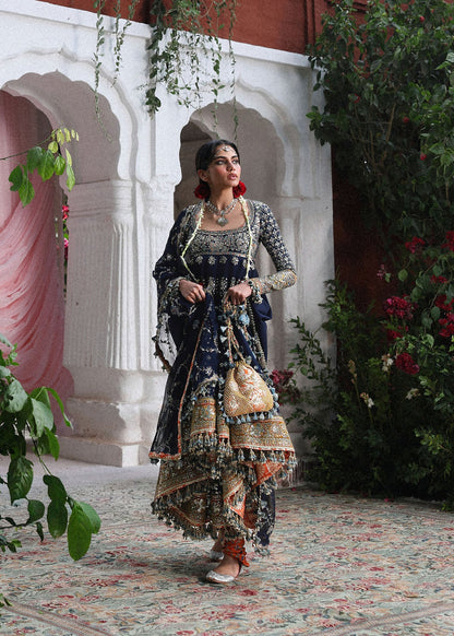 Hussain Rehar Nain Tara | Navy Blue Embroidered Panelled Pishwas & Chooridar Festive Set