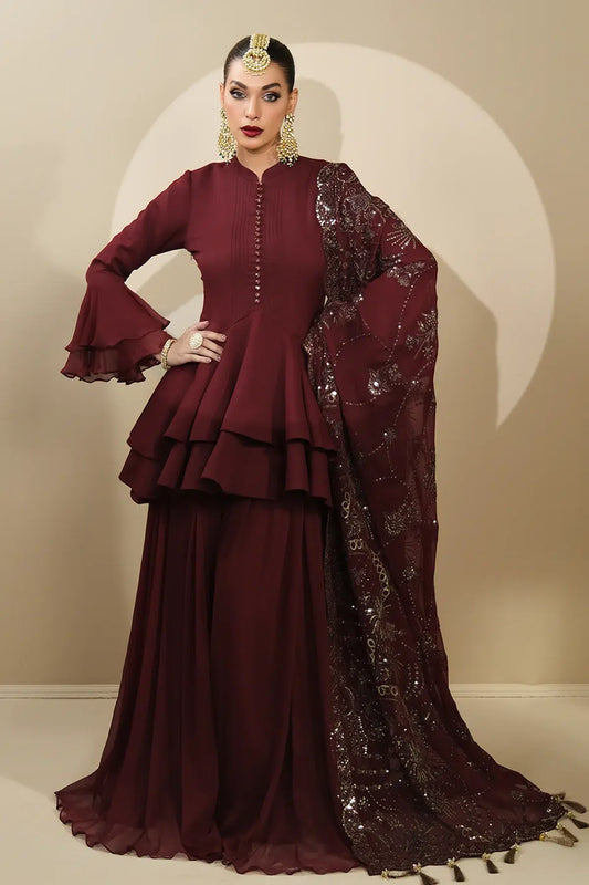 Alizeh | Formals Collection | Maroon Peplum 3 piece - RTW1014 - House Of Anaya
