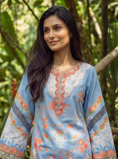 Dhanak | Casual Pret | BLUE LAWN 2PCS EMBROIDERED KURTA WITH TROUSER