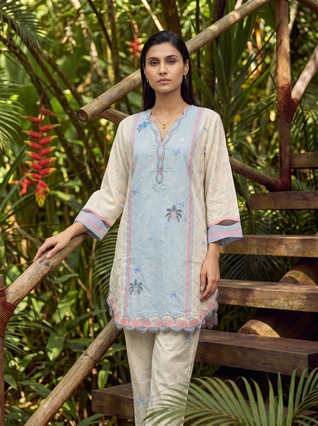 Dhanak | Casual Pret | SKY BLUE LAWN 2PCS EMBROIDERED KURTA WITH TROUSER