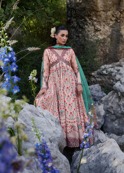 Hussain Rehar Chitlali | Peach Digital Print Panelled Pishwas Lawn Suit