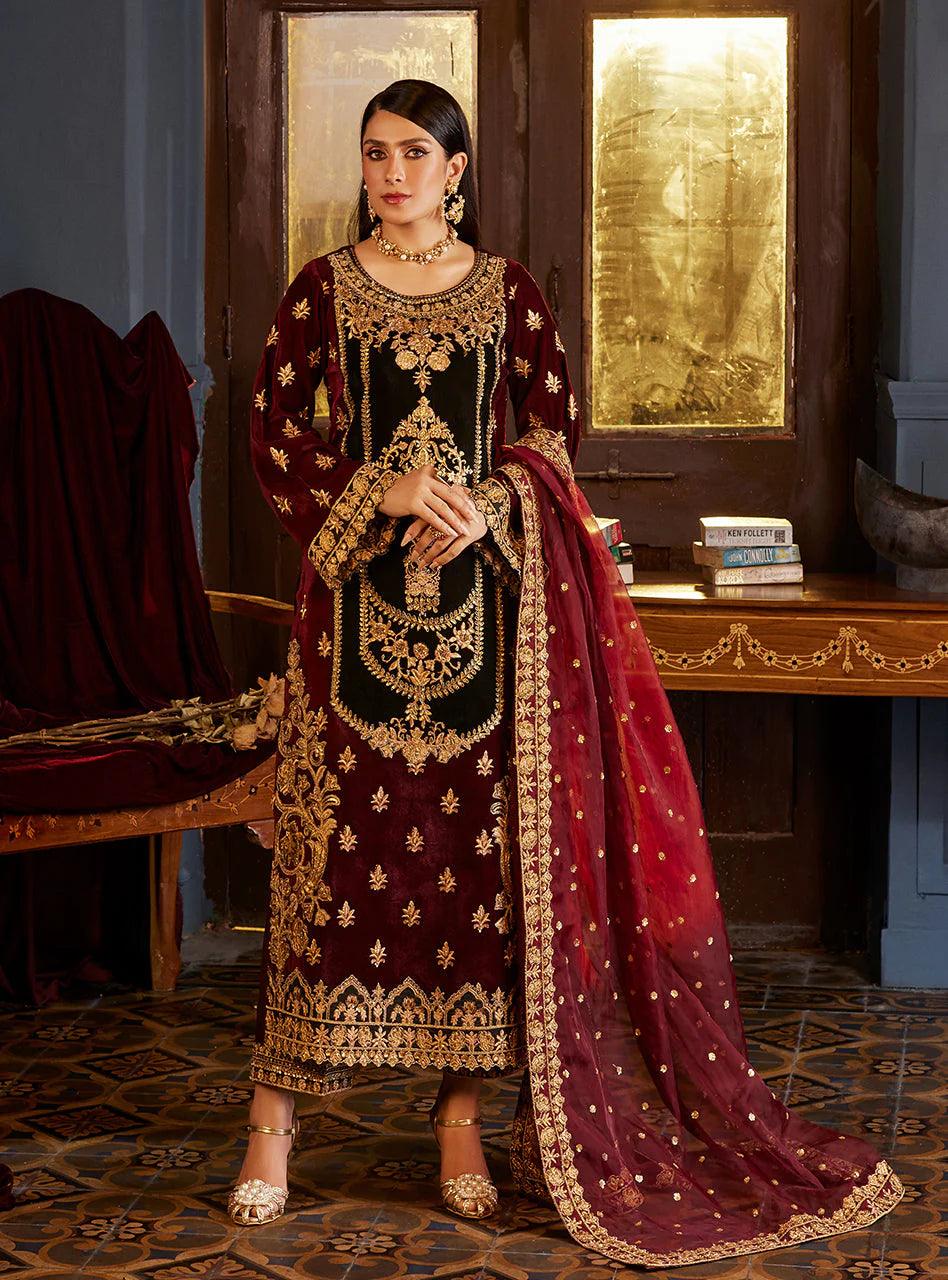 Zainab Chottani Embroidered Velvet 3Pc Suit D-03 ZIBA - House Of Anaya