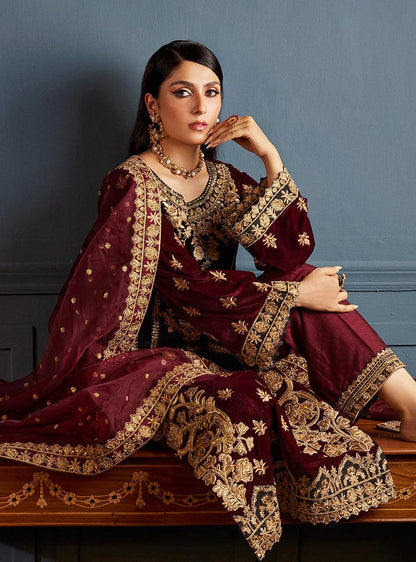 Zainab Chottani Embroidered Velvet 3Pc Suit D-03 ZIBA - House Of Anaya