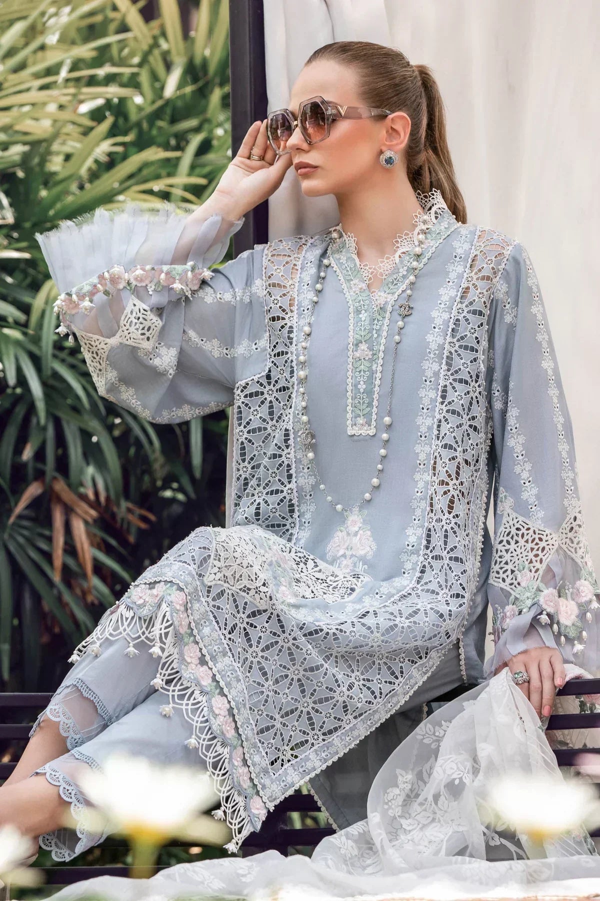 Maria B | Luxury Lawn | EL-23-10-Ice Blue - House Of Anaya