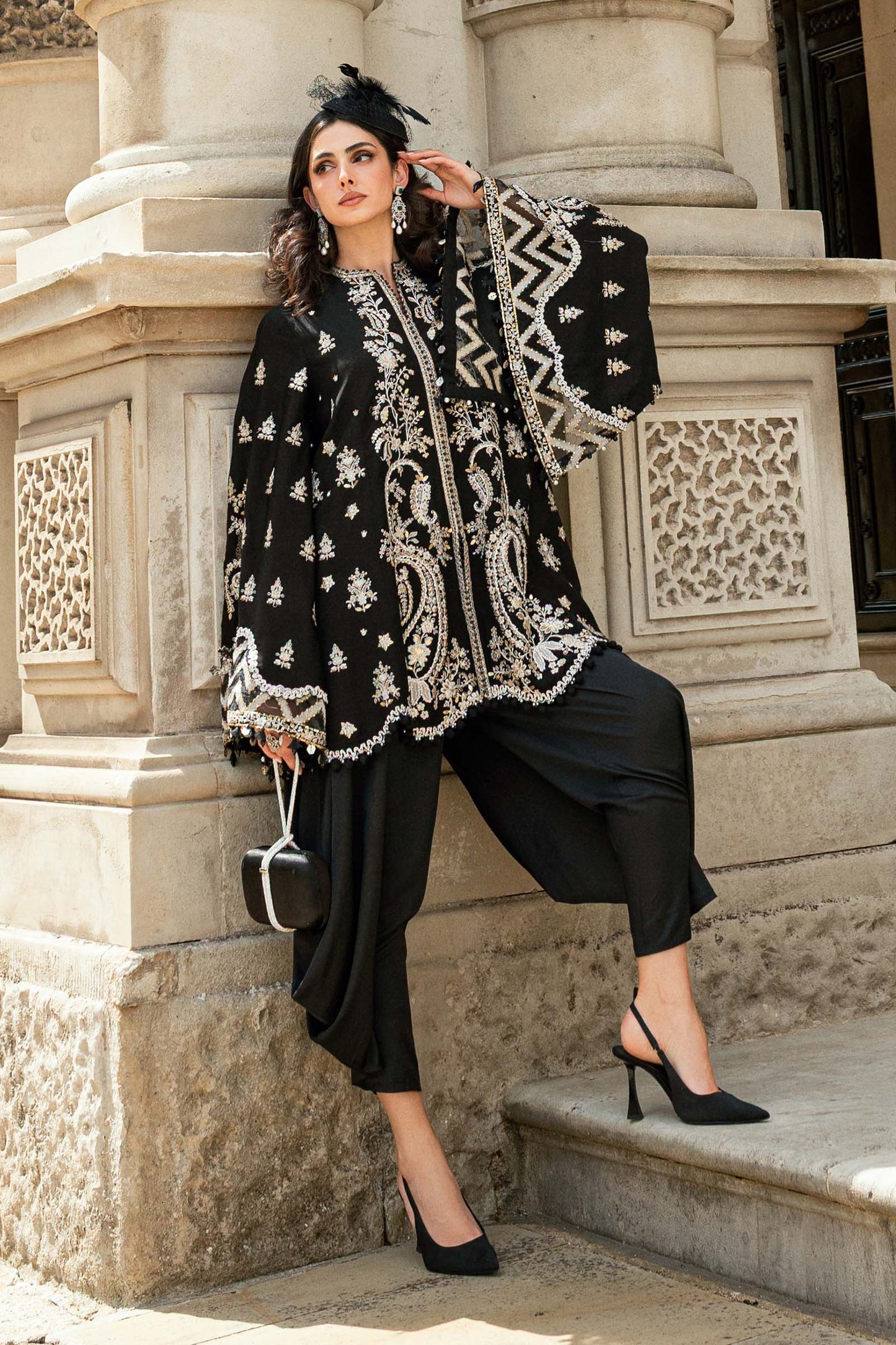 Maria B | Soiree Collection | Embroidered Raw Silk Suit WF-09-03-Black