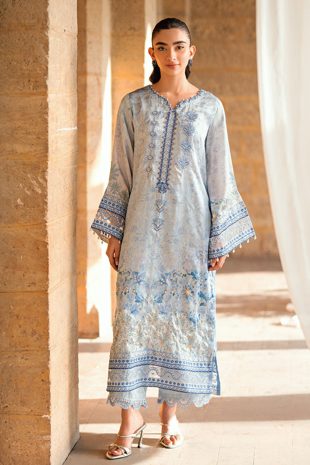 Dhanak | Silk Pret | SKY BLUE 2PCS HAND EMBELLISHED KURTA WITH TROUSER