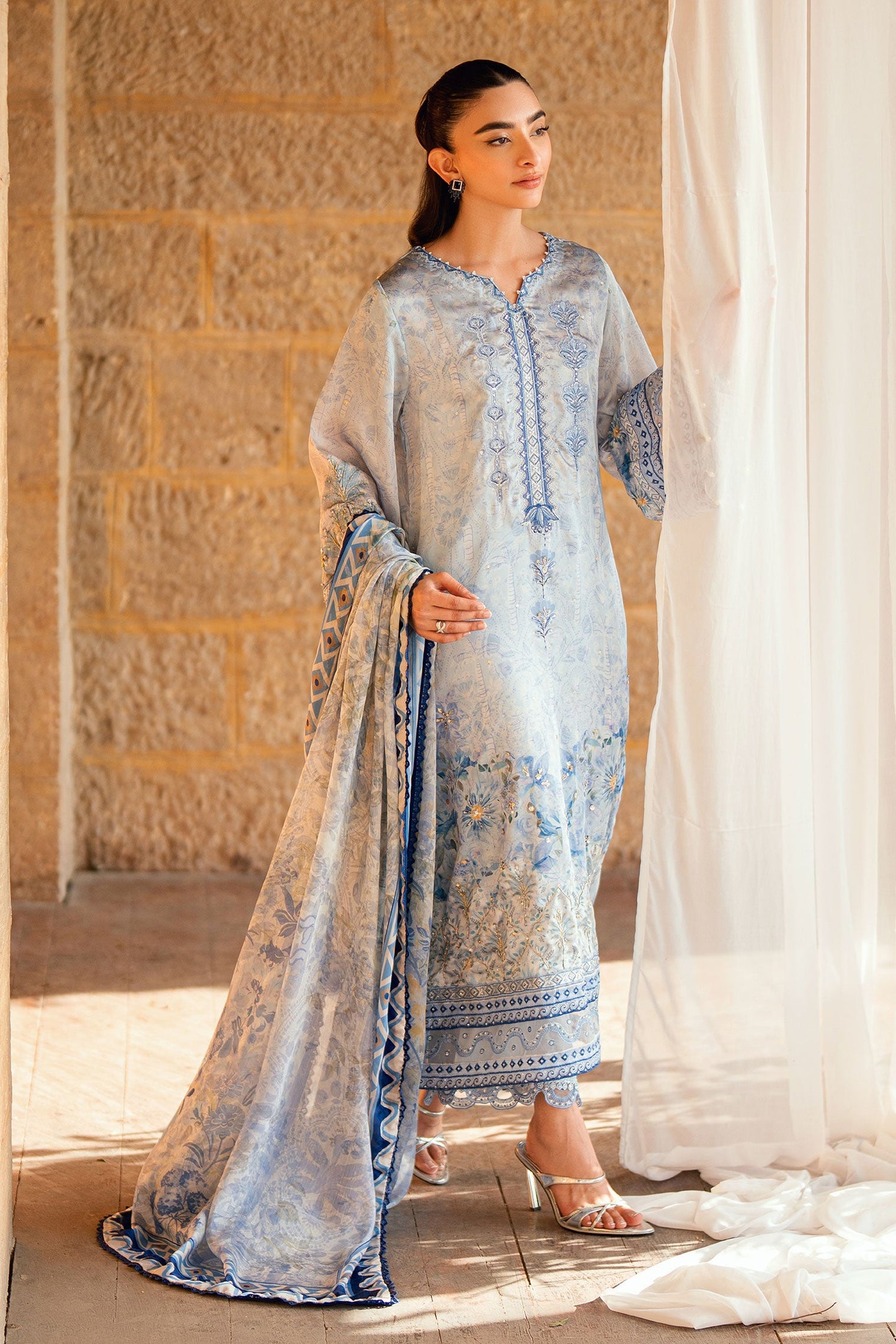Dhanak | Silk Pret | SKY BLUE 2PCS HAND EMBELLISHED KURTA WITH TROUSER