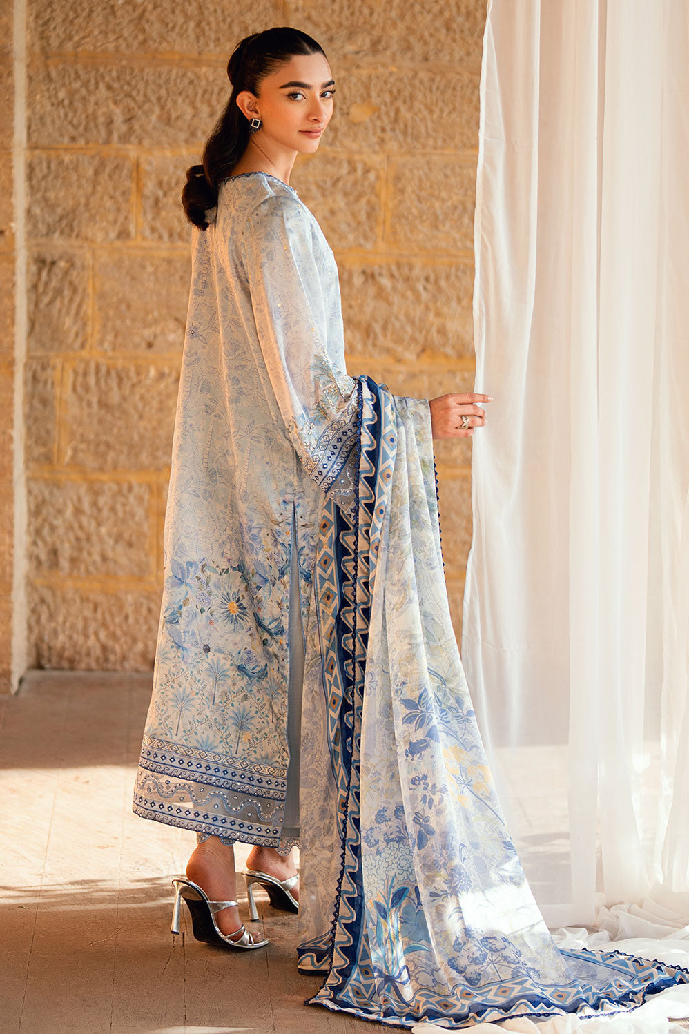Dhanak | Silk Pret | SKY BLUE 2PCS HAND EMBELLISHED KURTA WITH TROUSER