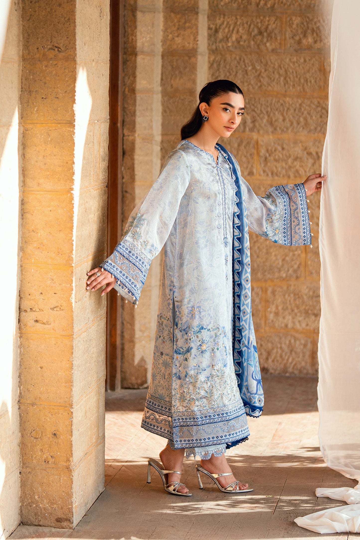 Dhanak | Silk Pret | SKY BLUE 2PCS HAND EMBELLISHED KURTA WITH TROUSER