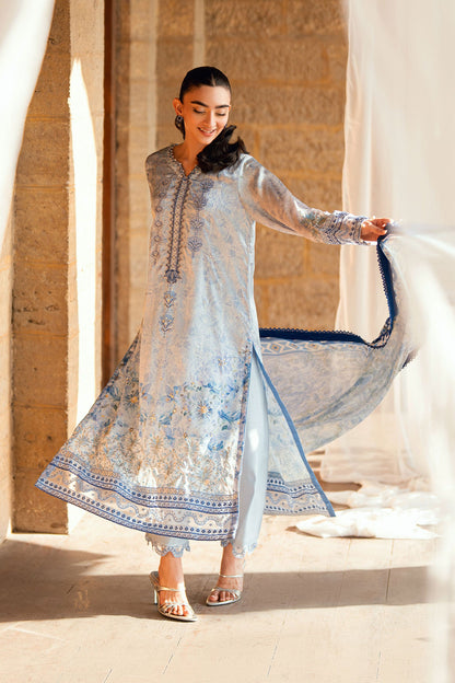 Dhanak | Silk Pret | SKY BLUE 2PCS HAND EMBELLISHED KURTA WITH TROUSER