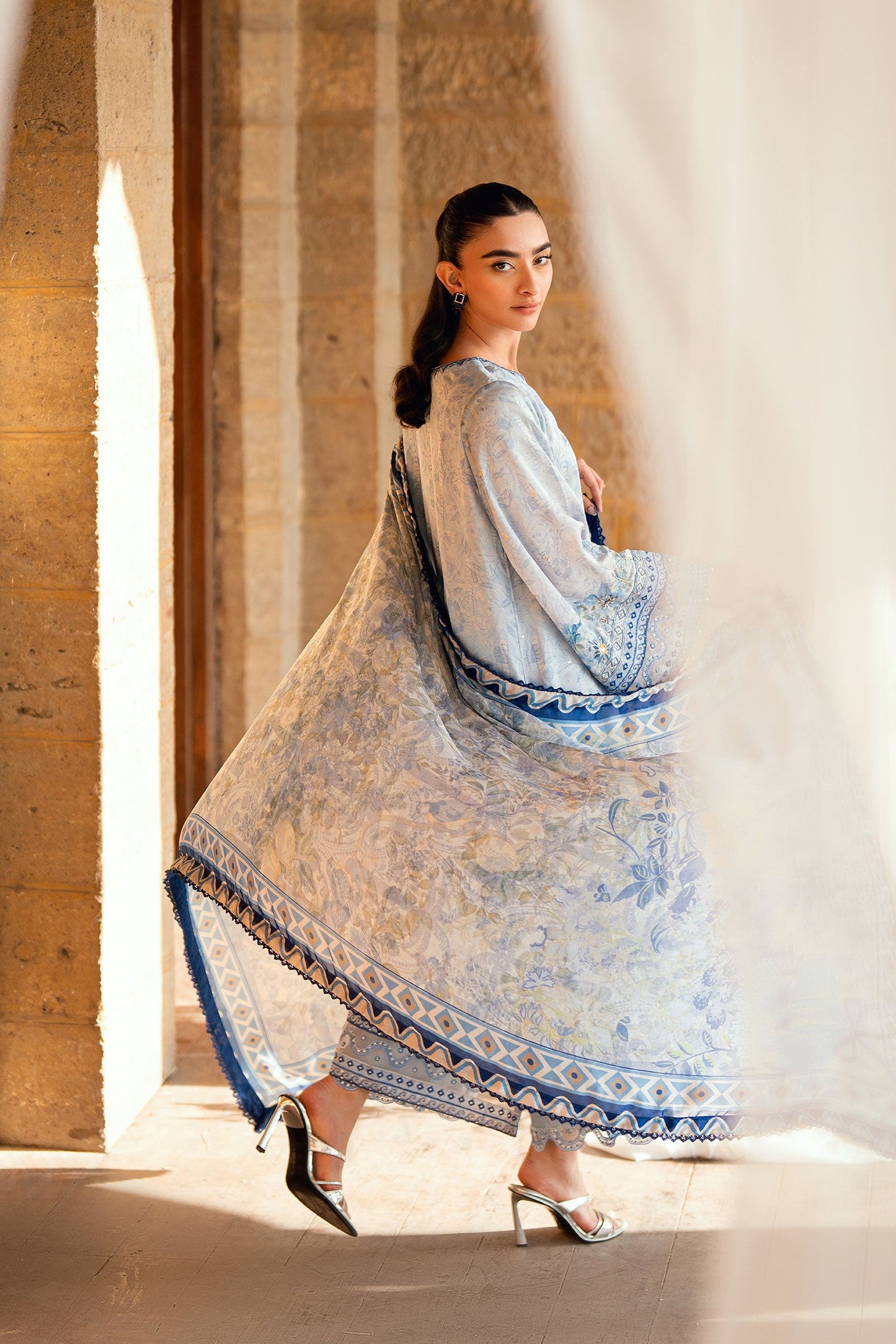 Dhanak | Silk Pret | SKY BLUE 2PCS HAND EMBELLISHED KURTA WITH TROUSER