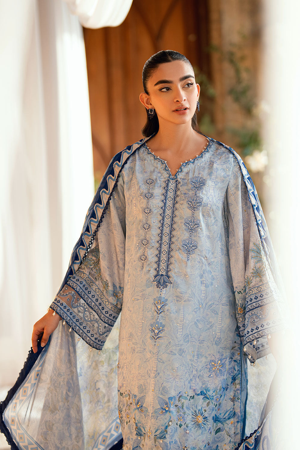 Dhanak | Silk Pret | SKY BLUE 2PCS HAND EMBELLISHED KURTA WITH TROUSER