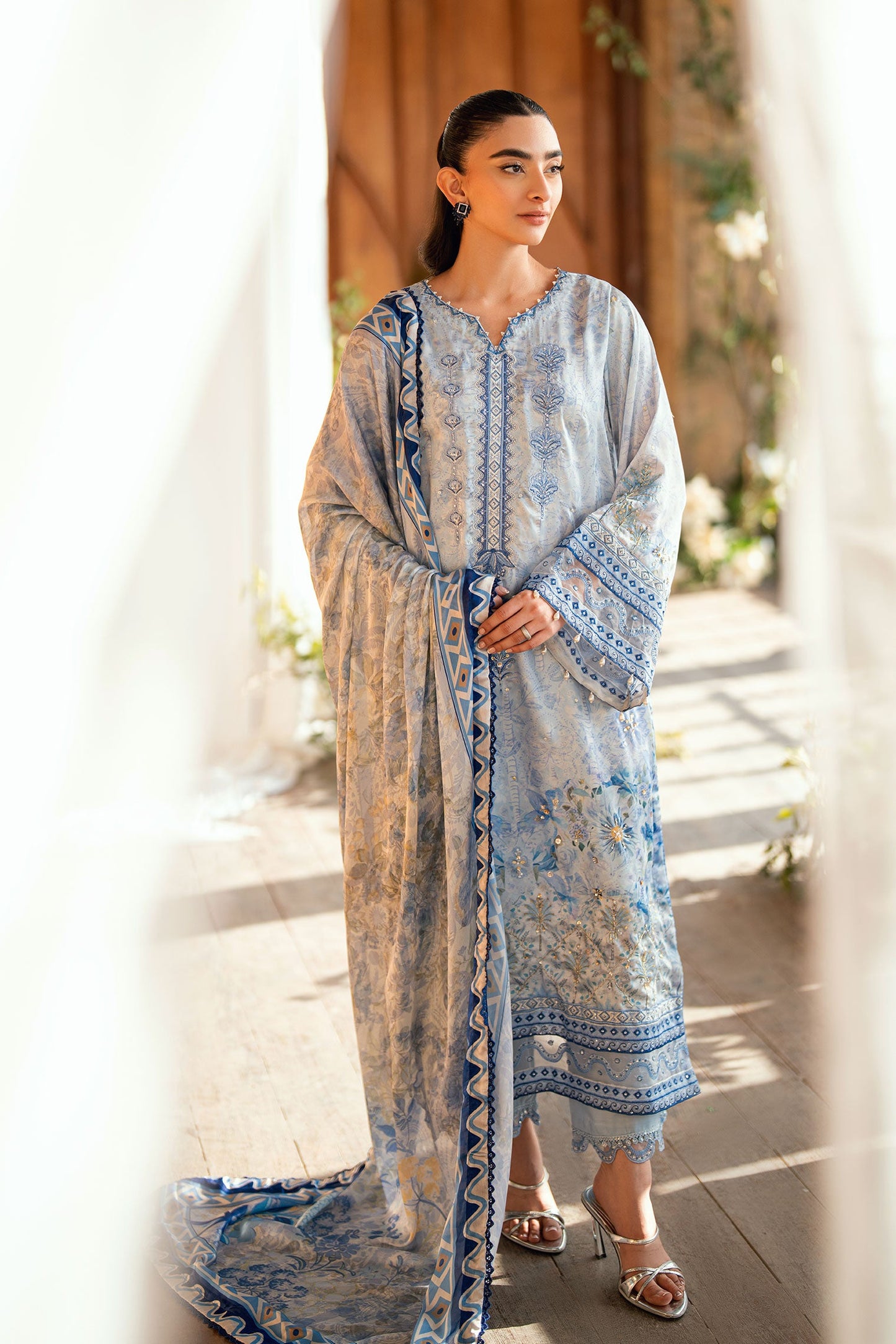 Dhanak | Silk Pret | SKY BLUE 2PCS HAND EMBELLISHED KURTA WITH TROUSER