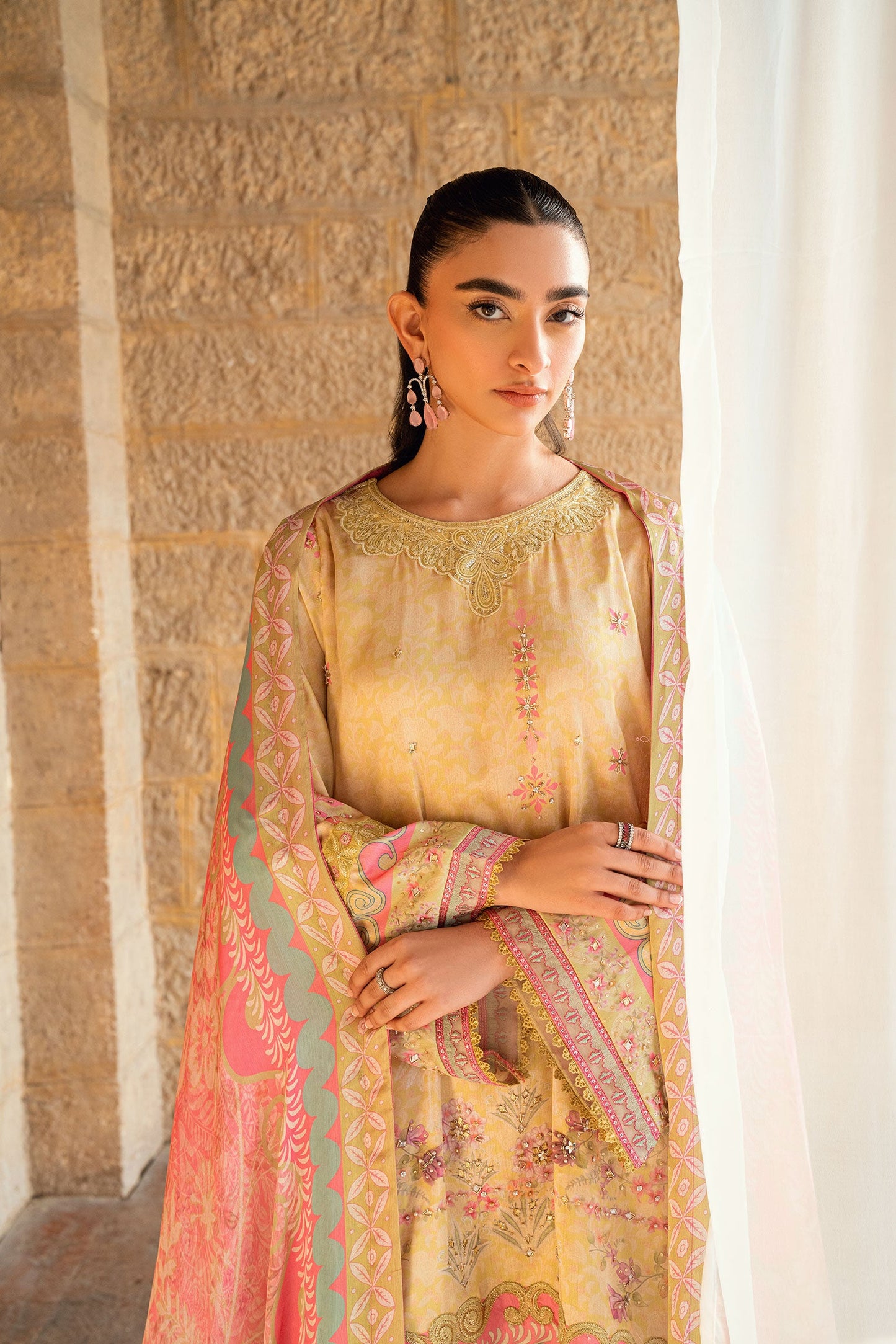Dhanak | Silk Pret | YELLOW 2PCS HAND EMBELLISHED KURTA WITH TROUSER
