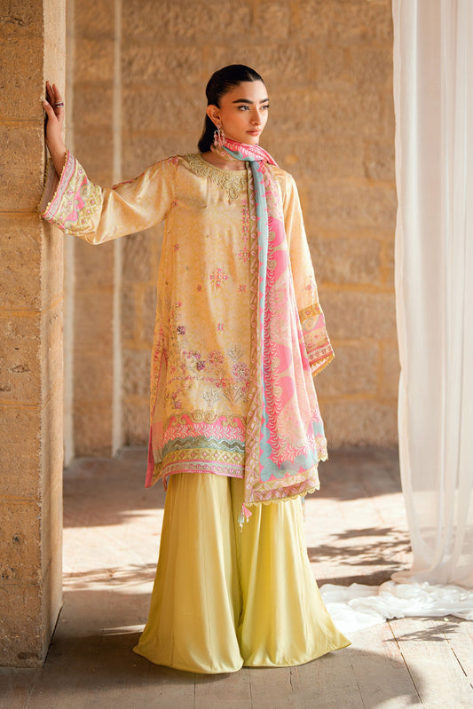 Dhanak | Silk Pret | YELLOW 2PCS HAND EMBELLISHED KURTA WITH TROUSER