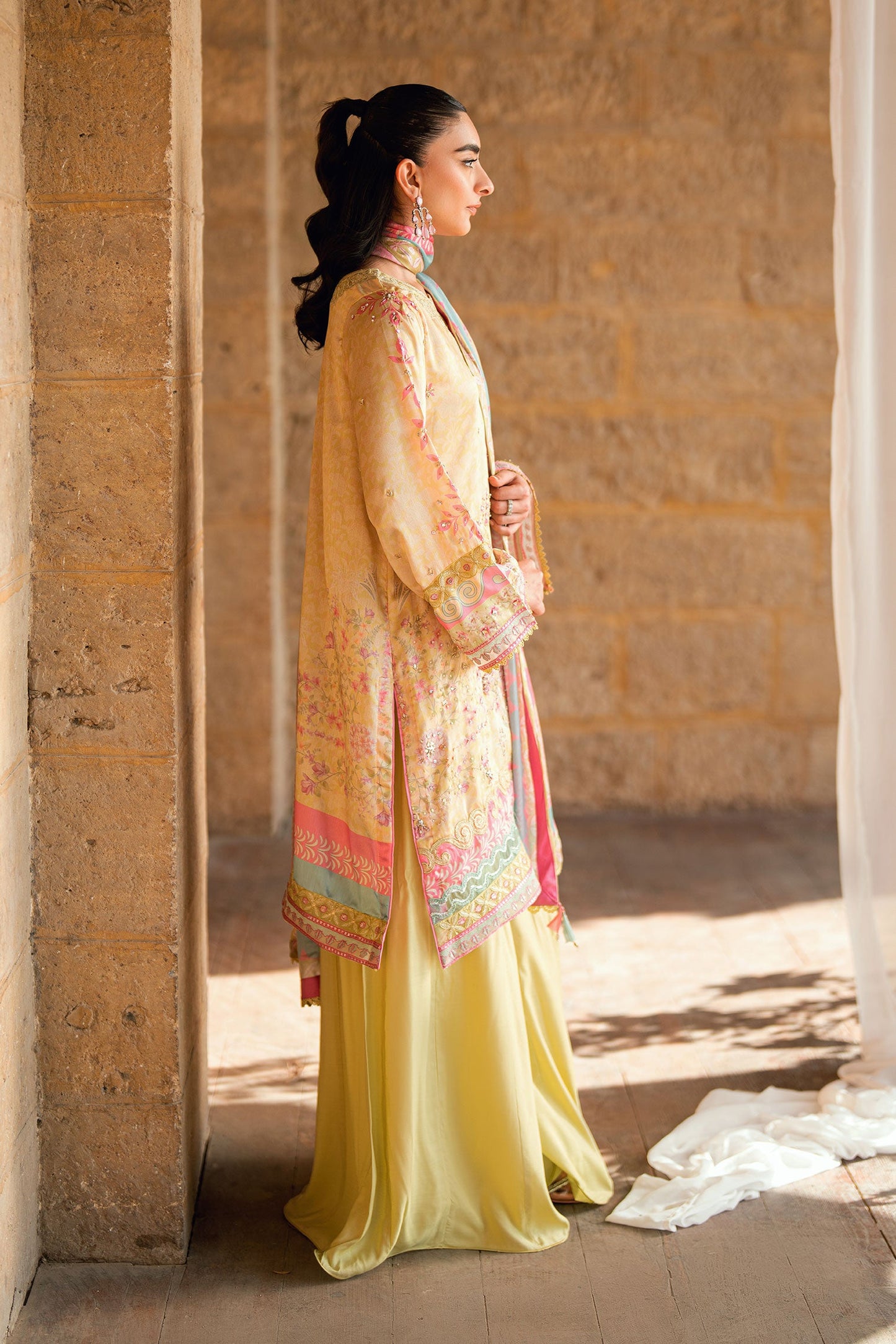 Dhanak | Silk Pret | YELLOW 2PCS HAND EMBELLISHED KURTA WITH TROUSER