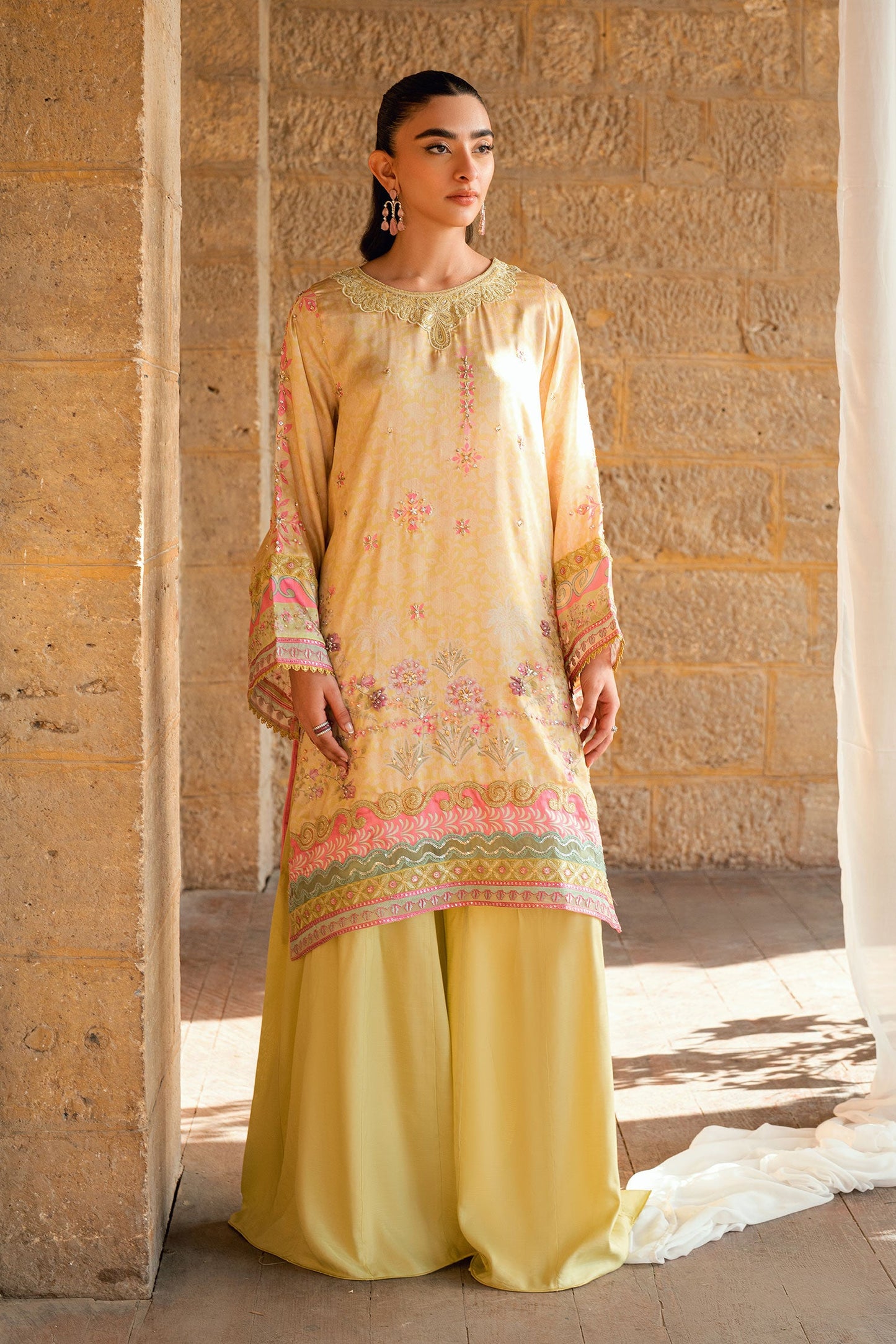 Dhanak | Silk Pret | YELLOW 2PCS HAND EMBELLISHED KURTA WITH TROUSER