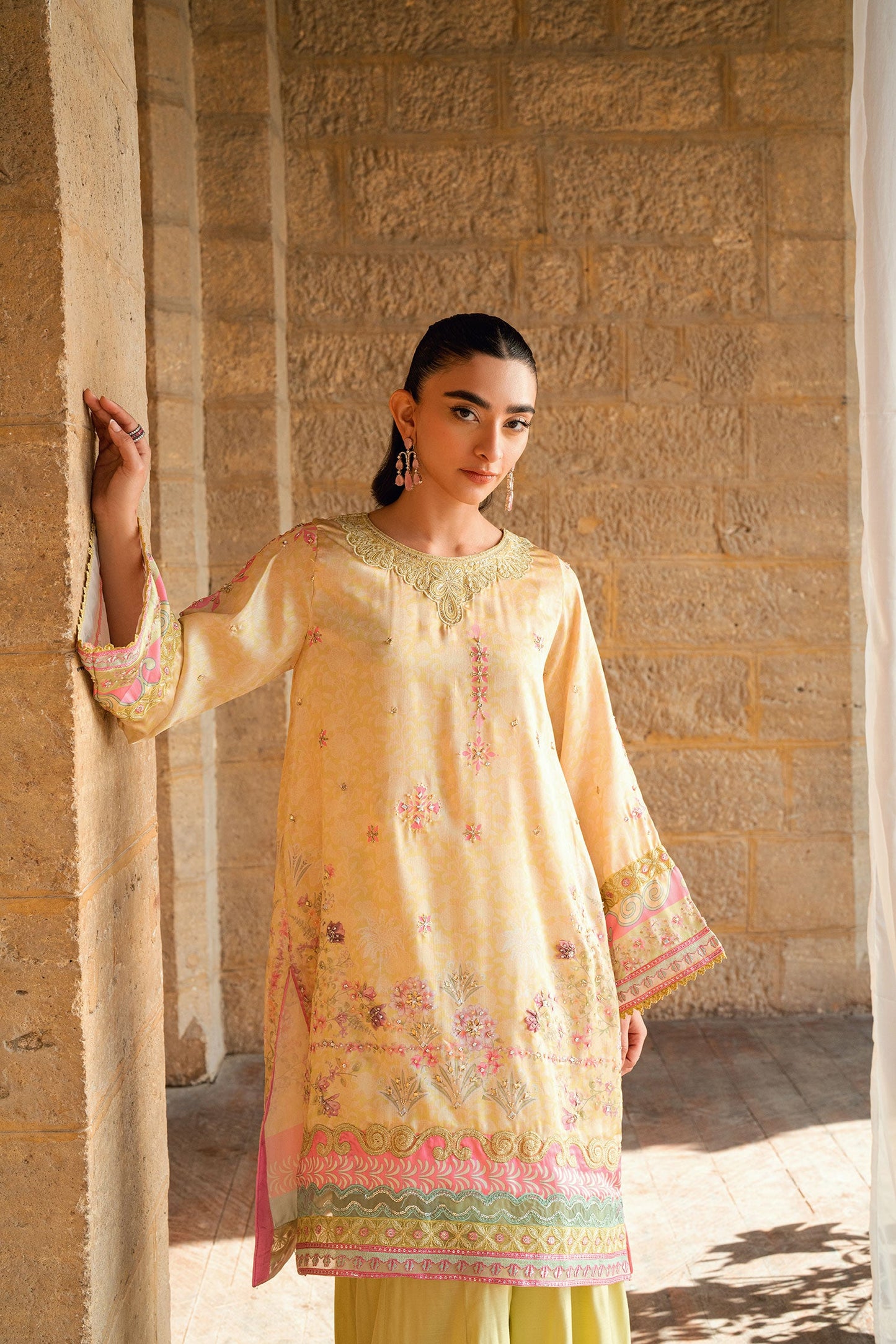 Dhanak | Silk Pret | YELLOW 2PCS HAND EMBELLISHED KURTA WITH TROUSER
