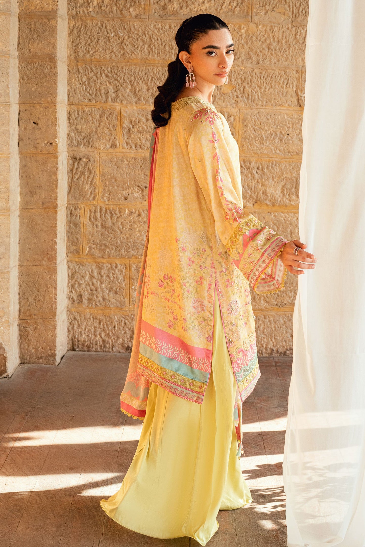Dhanak | Silk Pret | YELLOW 2PCS HAND EMBELLISHED KURTA WITH TROUSER
