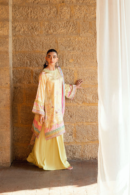 Dhanak | Silk Pret | YELLOW 2PCS HAND EMBELLISHED KURTA WITH TROUSER