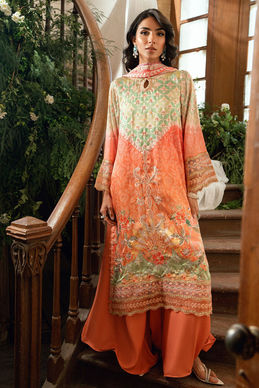 Dhanak | Silk Pret | ORANGE 2PCS HAND EMBELLISHED KURTA WITH TROUSER