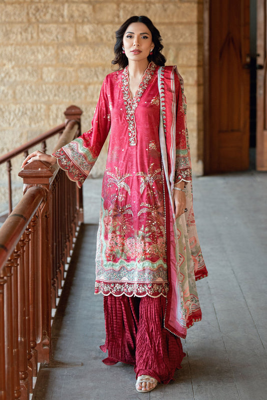 Dhanak | Silk Pret | RED 2PCS HAND EMBELLISHED KURTA WITH TROUSER