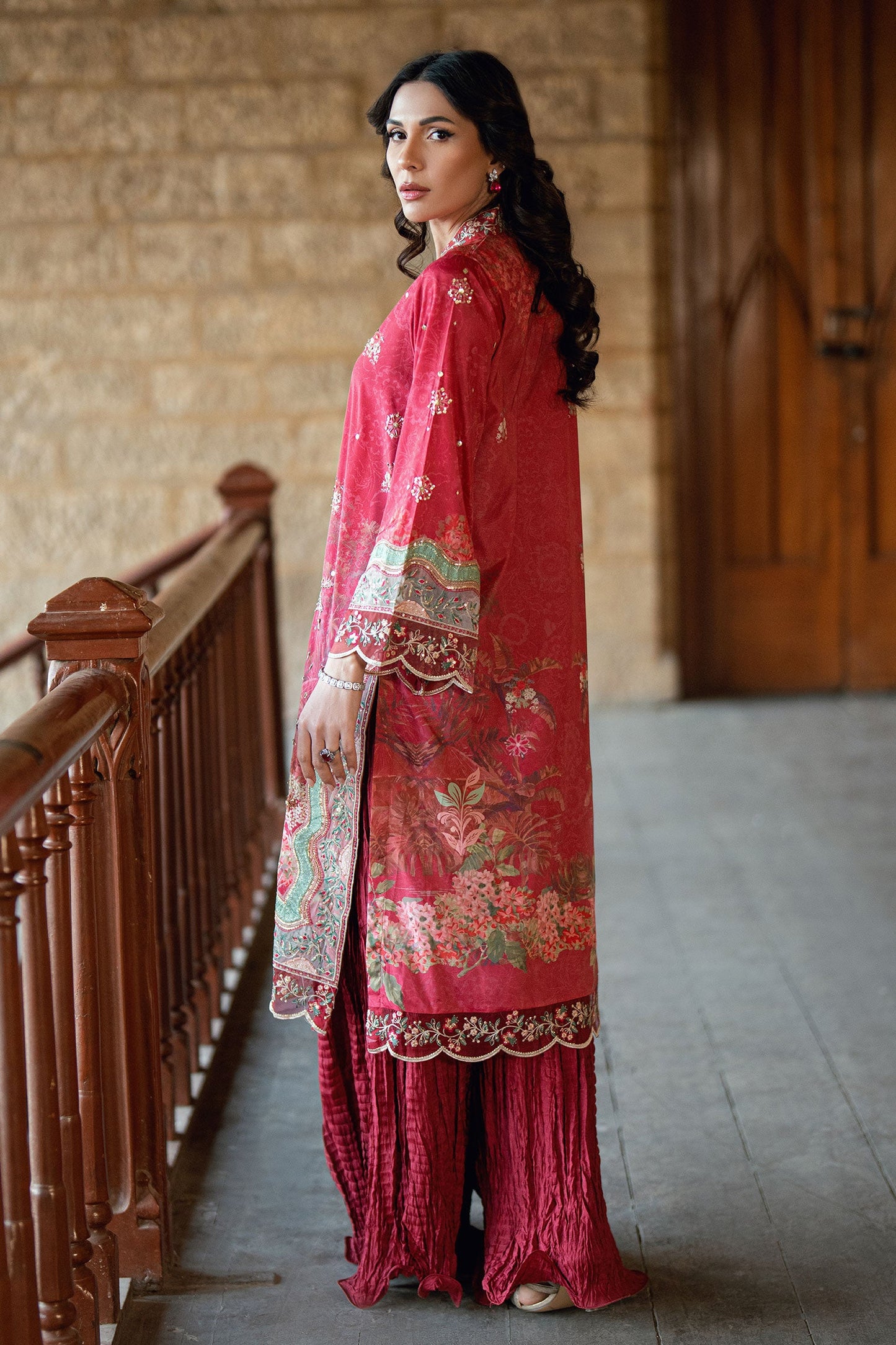 Dhanak | Silk Pret | RED 2PCS HAND EMBELLISHED KURTA WITH TROUSER