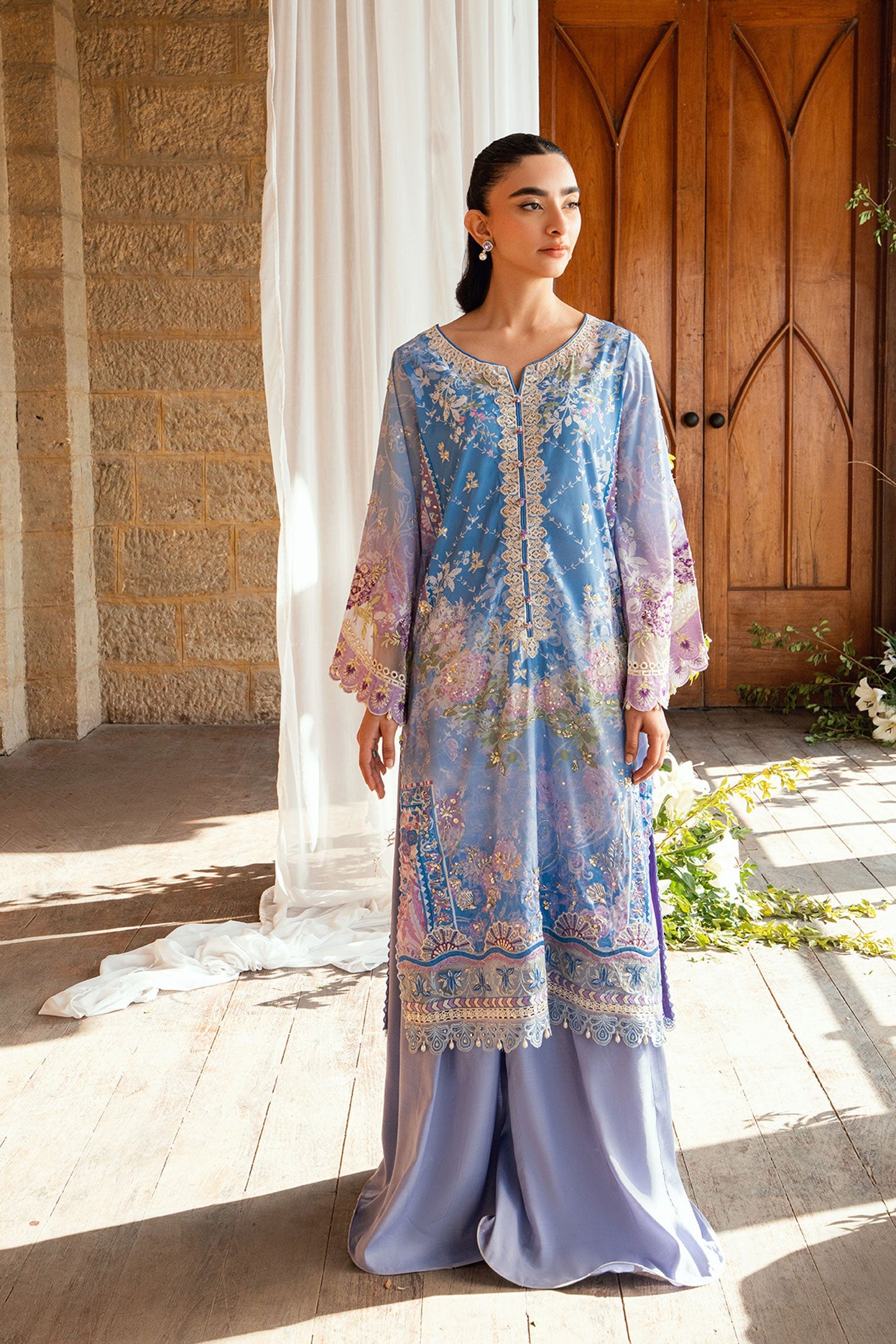 Dhanak | Silk Pret | PURPLE 2PCS HAND EMBELLISHED KURTA WITH TROUSER