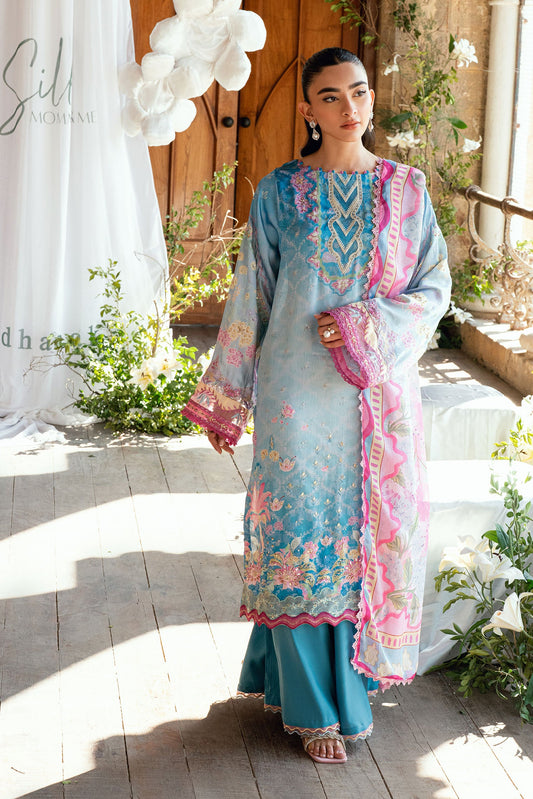 Dhanak | Silk Pret | BLUE 2PCS HAND EMBELLISHED KURTA WITH TROUSER