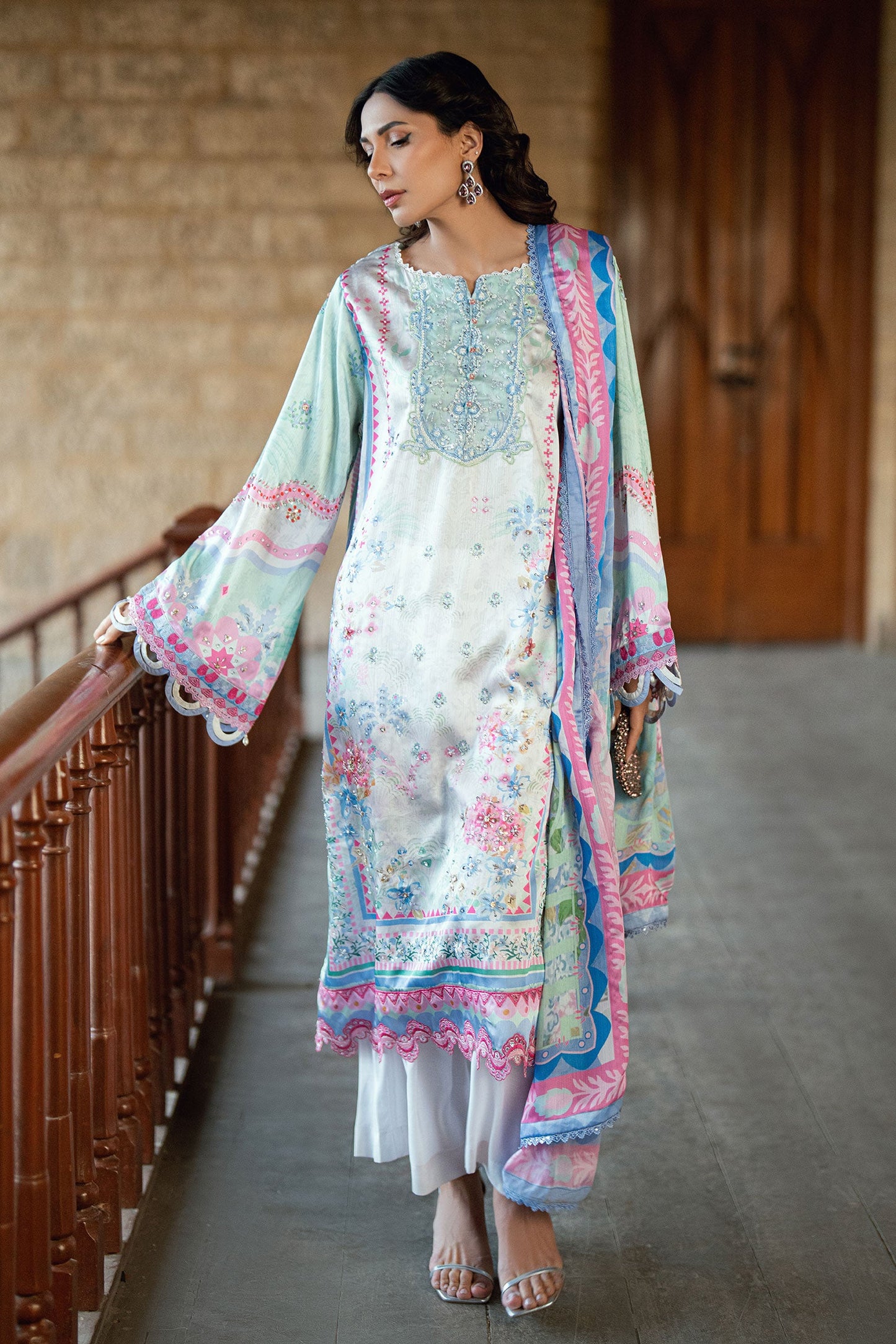 Dhanak | Silk Pret | L-GREEN 2PCS HAND EMBELLISHED KURTA WITH TROUSER