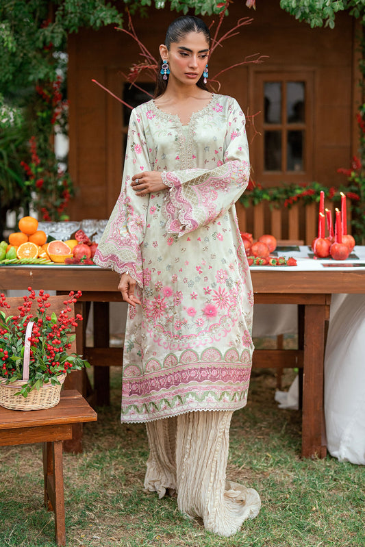 Dhanak | Silk Pret | L-GREEN -SILK TUNIC- 2PCS HAND EMBELLISHED SHIRT WITH TROUSER
