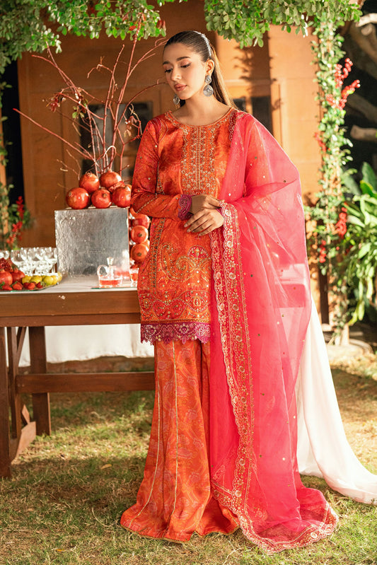 Dhanak | Silk Pret | ORANGE -SILK TUNIC- 2PCS HAND EMBELLISHED SHIRT WITH TROUSER