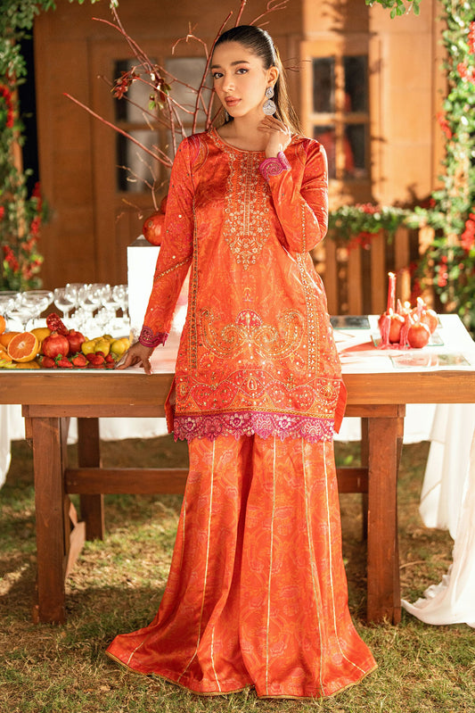 Dhanak | Silk Pret | ORANGE -SILK TUNIC- 2PCS HAND EMBELLISHED SHIRT WITH TROUSER