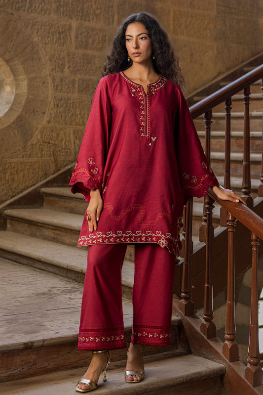 Dhanak | Signature Pret | MAROON 2PCS EMBROIDERED KURTA WITH TROUSER