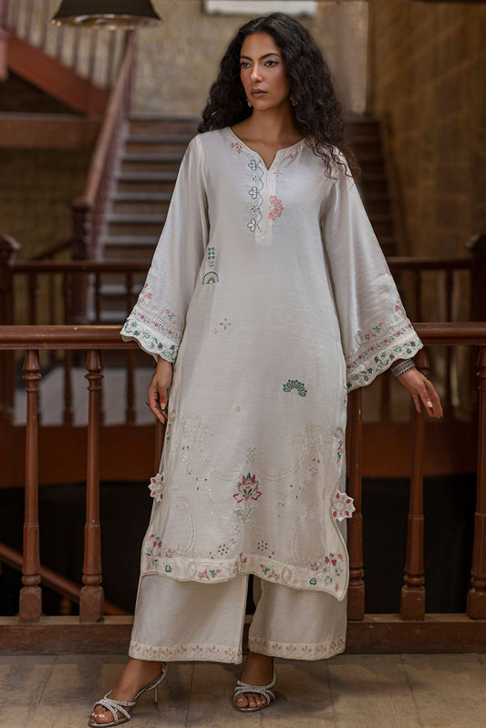 Dhanak | Signature Pret | OFF-WHITE 2PCS EMBROIDERED KURTA WITH TROUSER