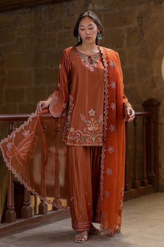 Dhanak | Signature Pret | RUST 2PCS EMBROIDERED KURTA WITH TROUSER