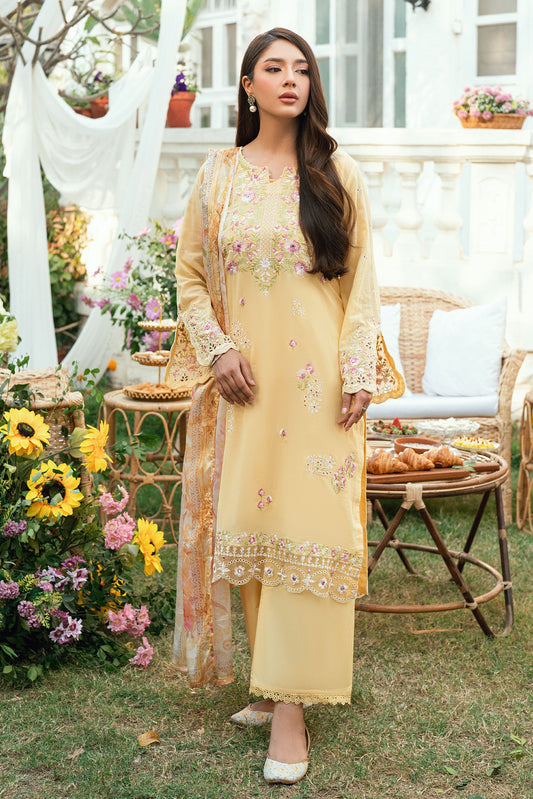 Dhanak | SWISS VOILE | YELLOW SWISS VOILE 2PCS EMBROIDERED KURTA WITH TROUSER