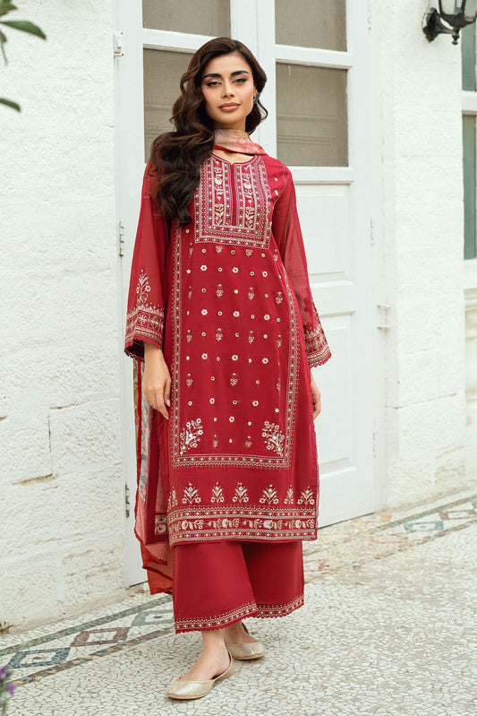 Dhanak | SWISS VOILE | RED SWISS VOILE 2PCS EMBROIDERED KURTA WITH TROUSER